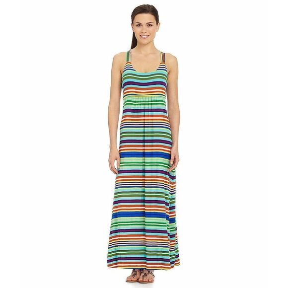 New! CALVIN KLEIN Women's Multicolored Striped Cross-Back Maxi Dress Size 8 - Picture 2 of 4